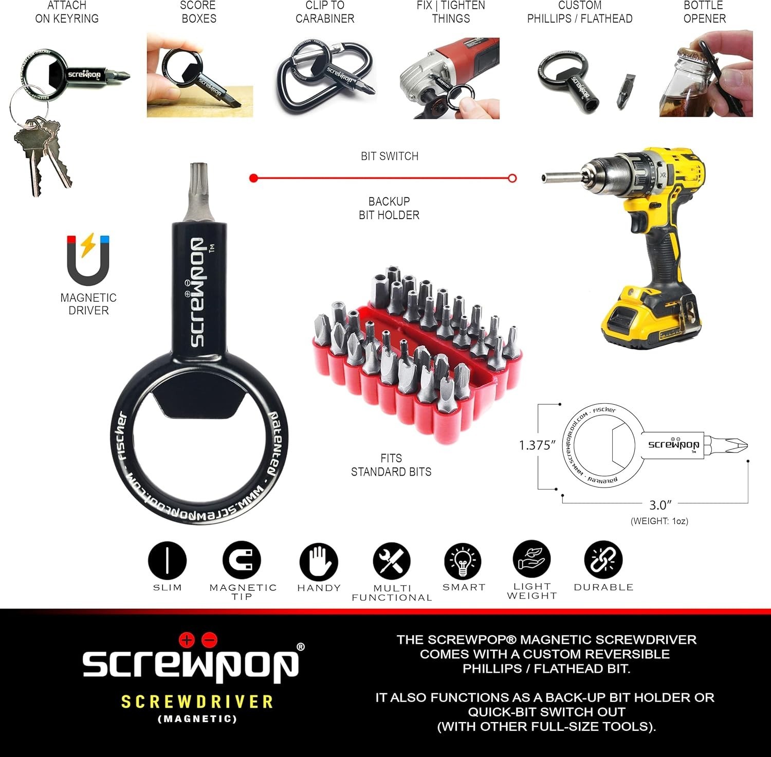 Screwdriver Universal Magnetic Bit Holder for Keychain | Carabiner Multi-Tool