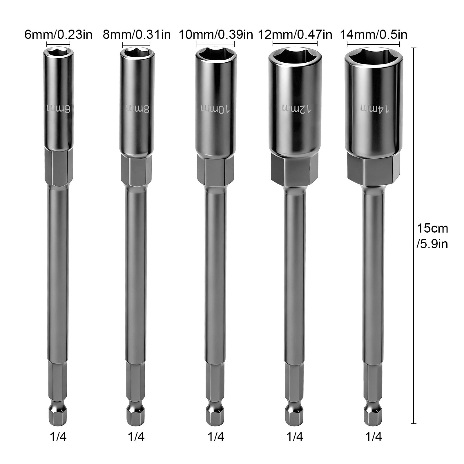 5 x Magnetic Nut Driver Set Metric 6–14mm 1/4″ Hex Shank Deep Impact Socket Bits