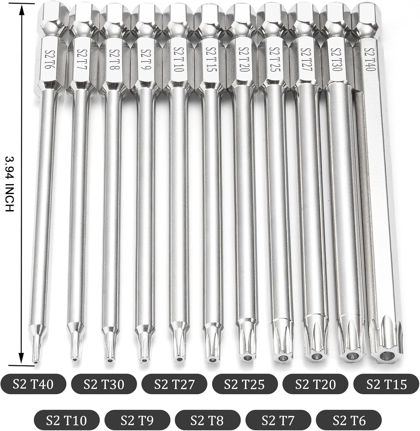 11 Piece Security Torx Bit Set (T6-T40), 1/4 Inch Hex Shank S2 Steel