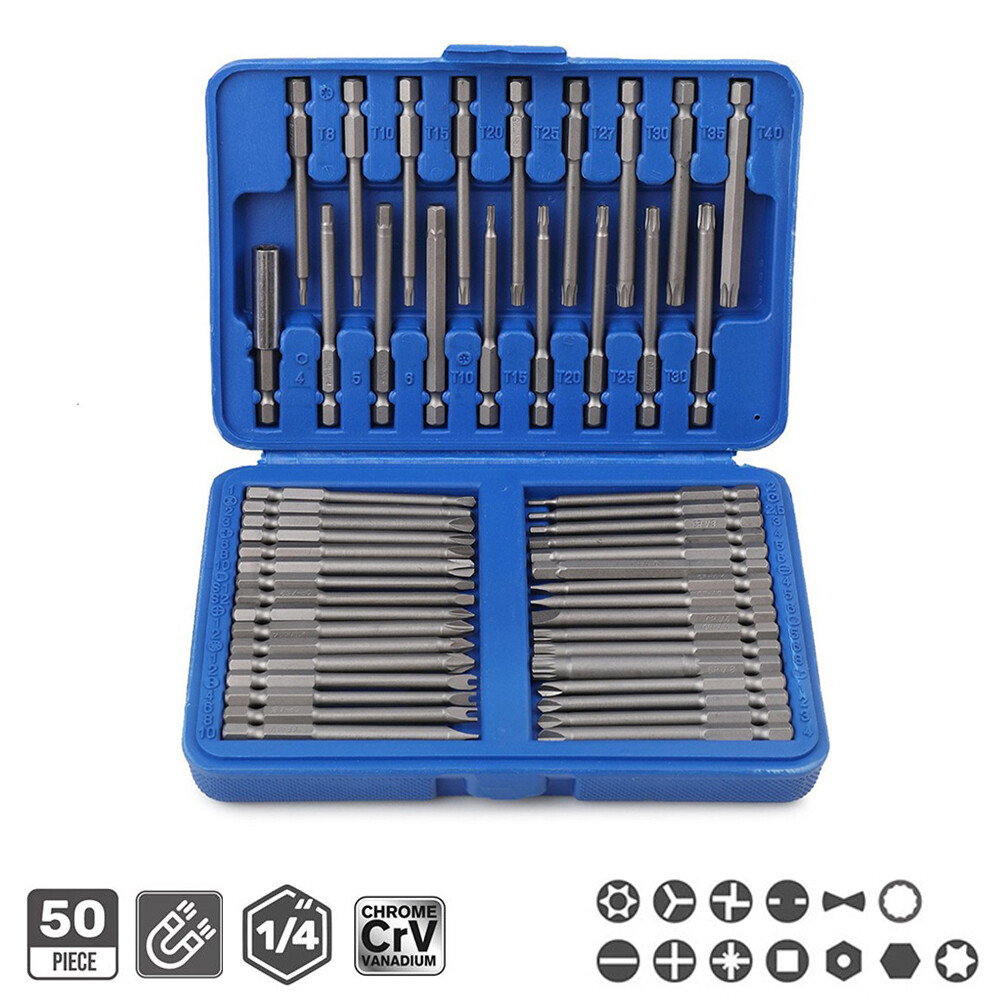 50Pcs 75mm Security Bits Hex Torx Star Spline Flat Screwdriver Bit Set