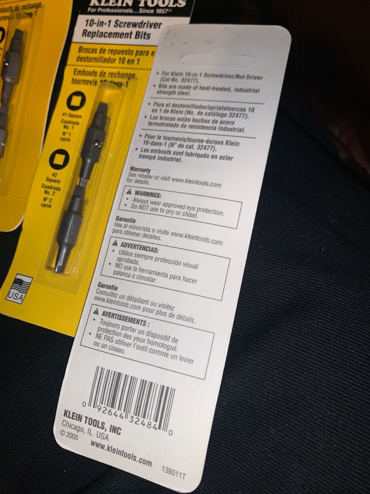 3 Packs of Klein Tools 32484 10 in 1 Screwdriver bits 2per pack #1 & #2 Square