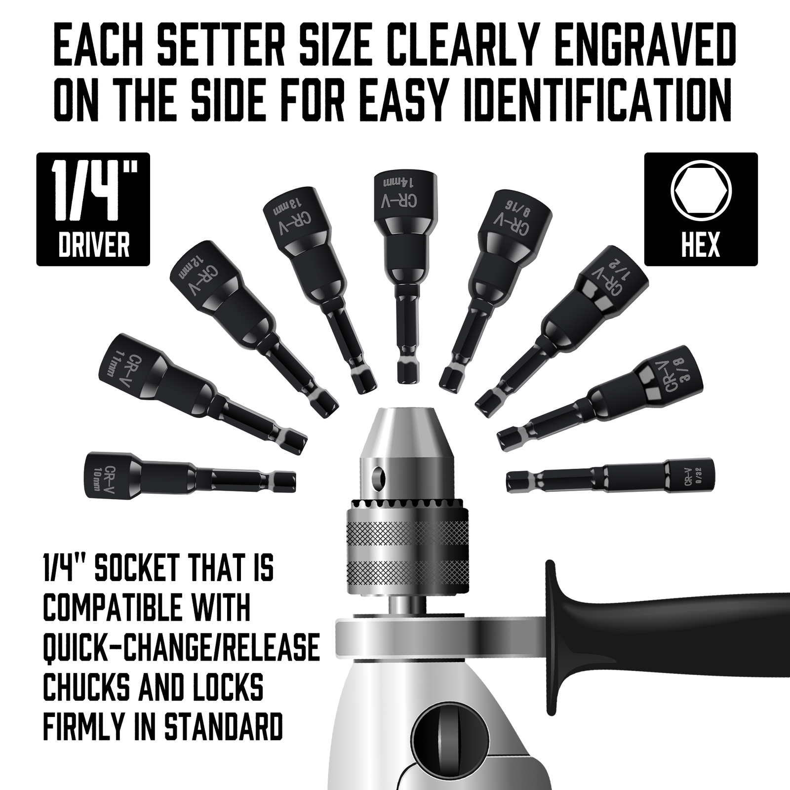 15pc Magnetic Nut Driver Set SAE & Metric Setter Power Drill Bit 1/4″ Hex Shank