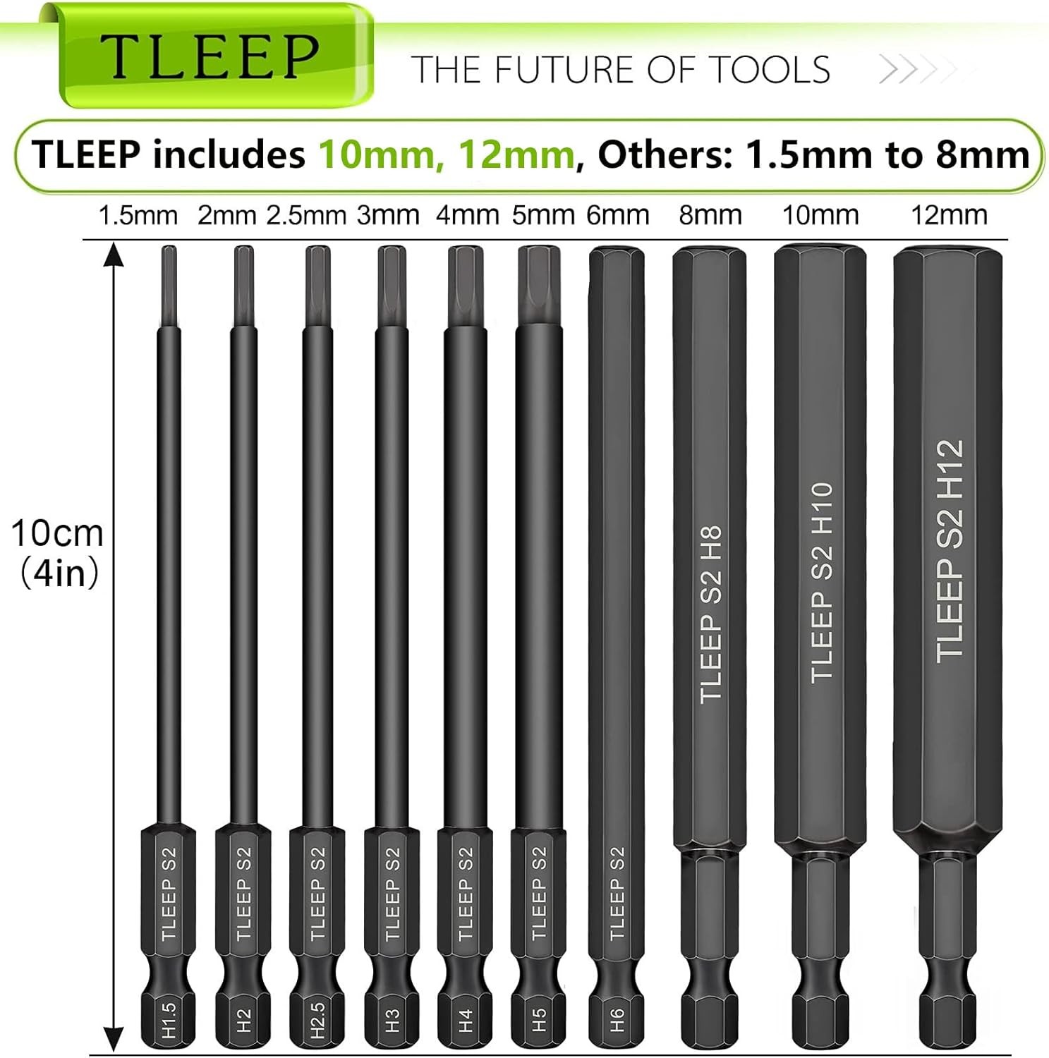 10 x Long 100MM 1/4 Metric 1.5mm to 12mm, Set 2: 12mm 1.5mm, 100mm Black