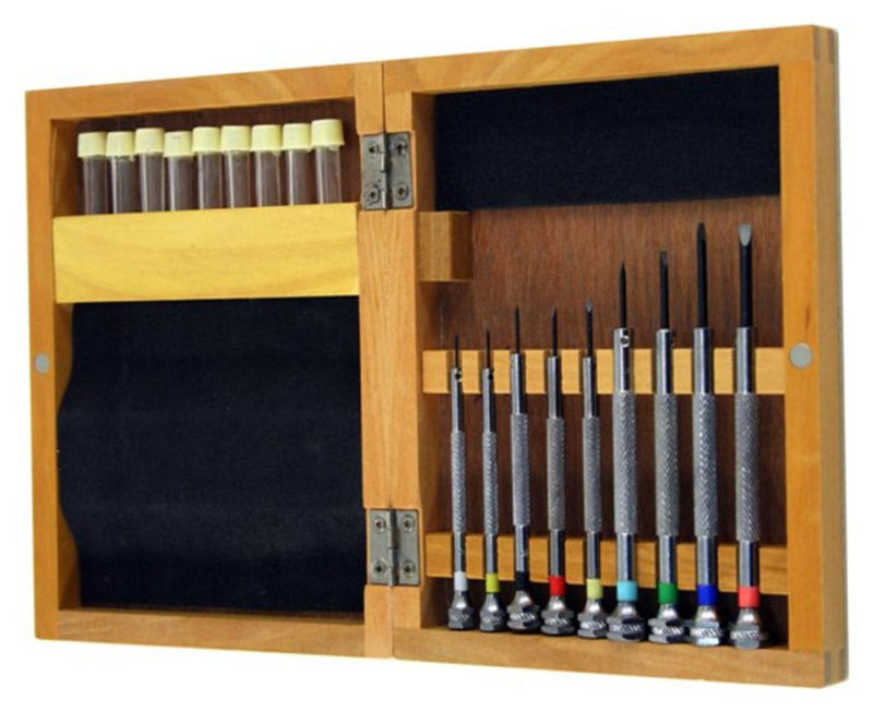 set of 9 screwdrivers set in Watchmakers Pro watch Screwdrivers Set in Wood Case