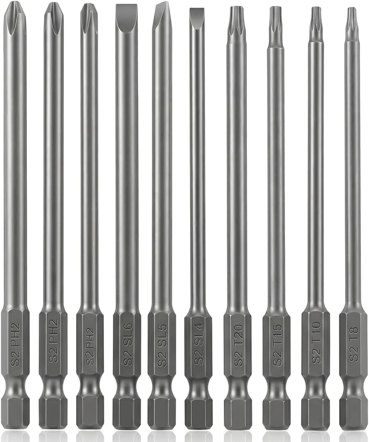 10PCS Long Screwdriver Bit Sets, 4 Inch/100 Mm | 3 Slotted 3 Phillips 4 Security