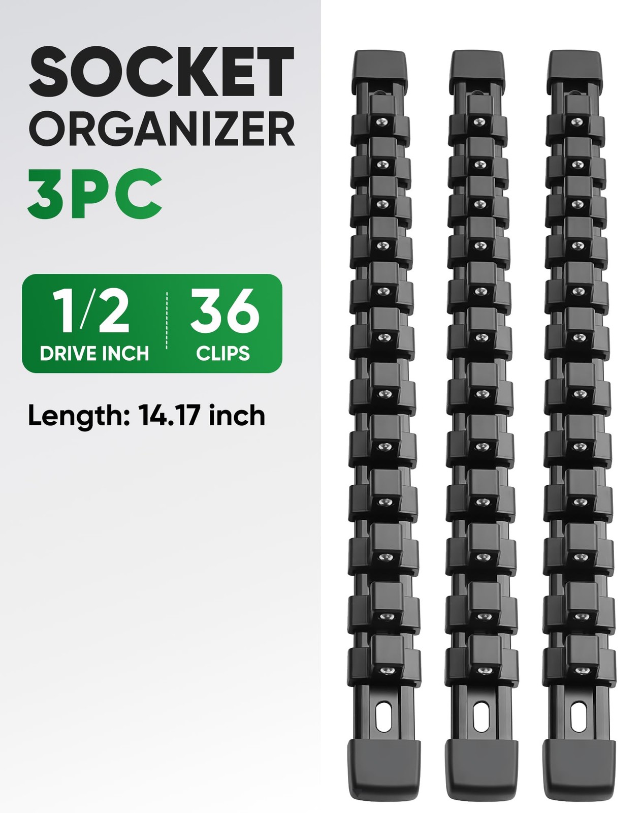 3PC ABS Socket Organizer, Socket Rails Fit 1/2 inch Drive