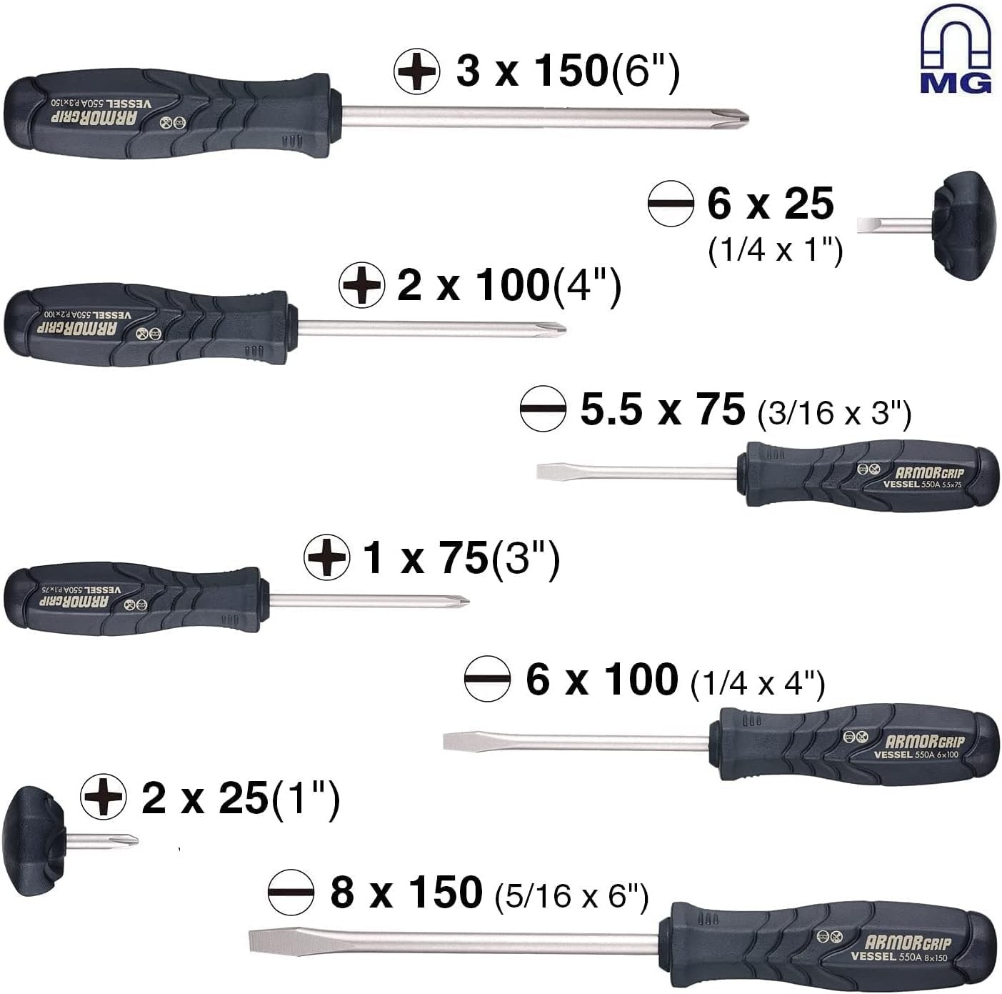 VESSEL ARMOR GRIP Screwdriver 8PC. Set (JISDRIVE) No.550A8PTU Silver, Black