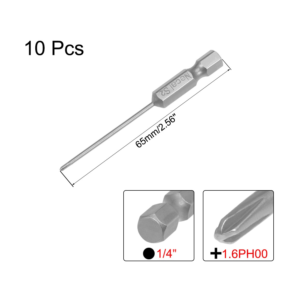 10Pack 1.6mm PH00 Magnetic Phillips Screwdriver Bits 1/4″ Hex Shank 2.56″