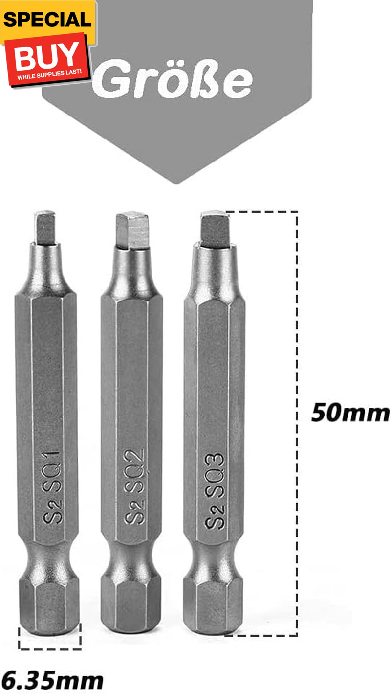 6 Pieces Square Screwdriver Bits, 1/4 inch Hex Shank S2 Steel Square SQ1 SQ2 SQ3