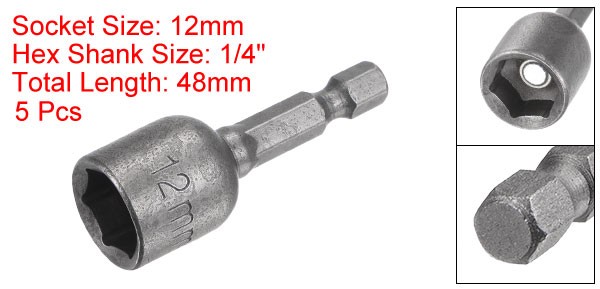 5Pack 1/4″ Quick-Change Hex Shank 12mm Magnetic Nut Driver Bit 1.89″ Long