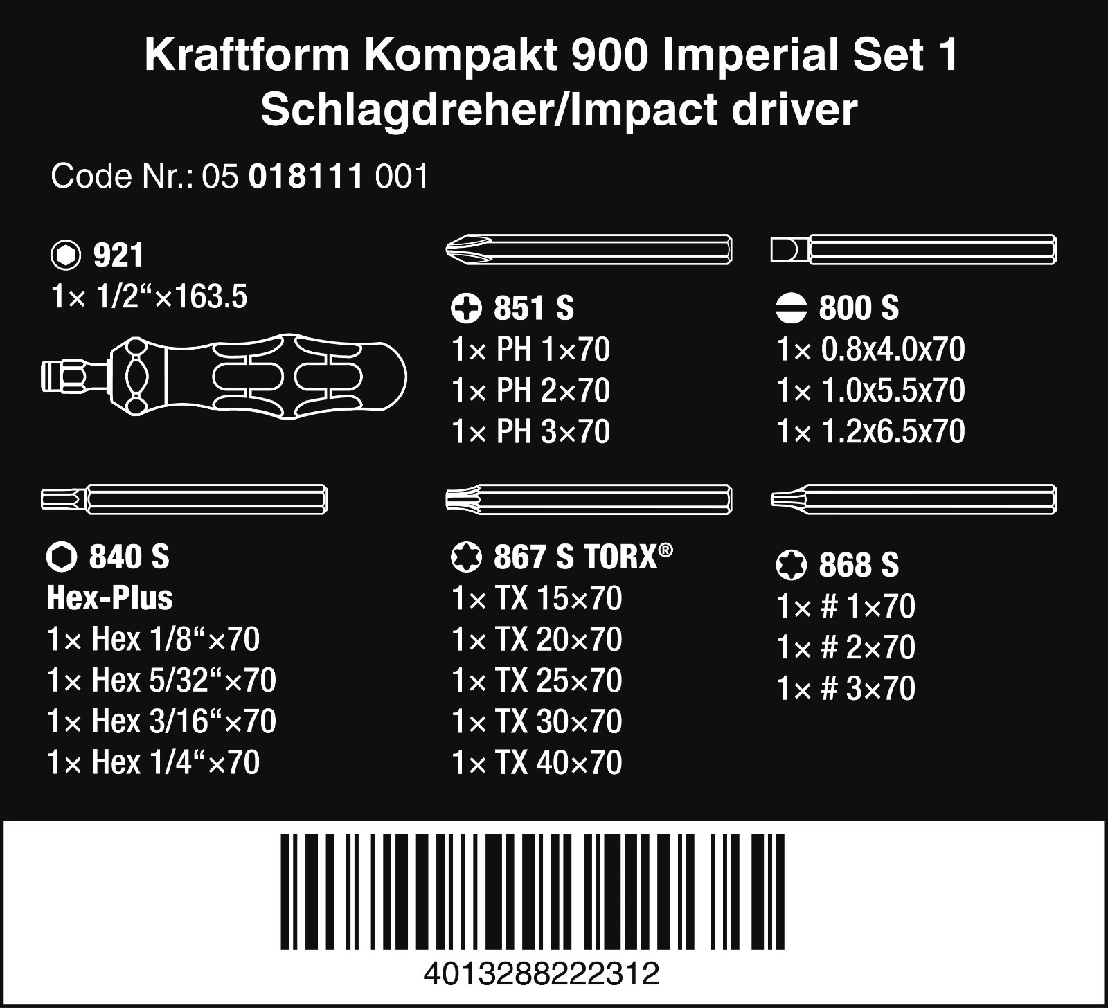 Wera Kraftform Kompakt 900 Set 1 Screwdriver Set 19 Pieces SAE 05018111001