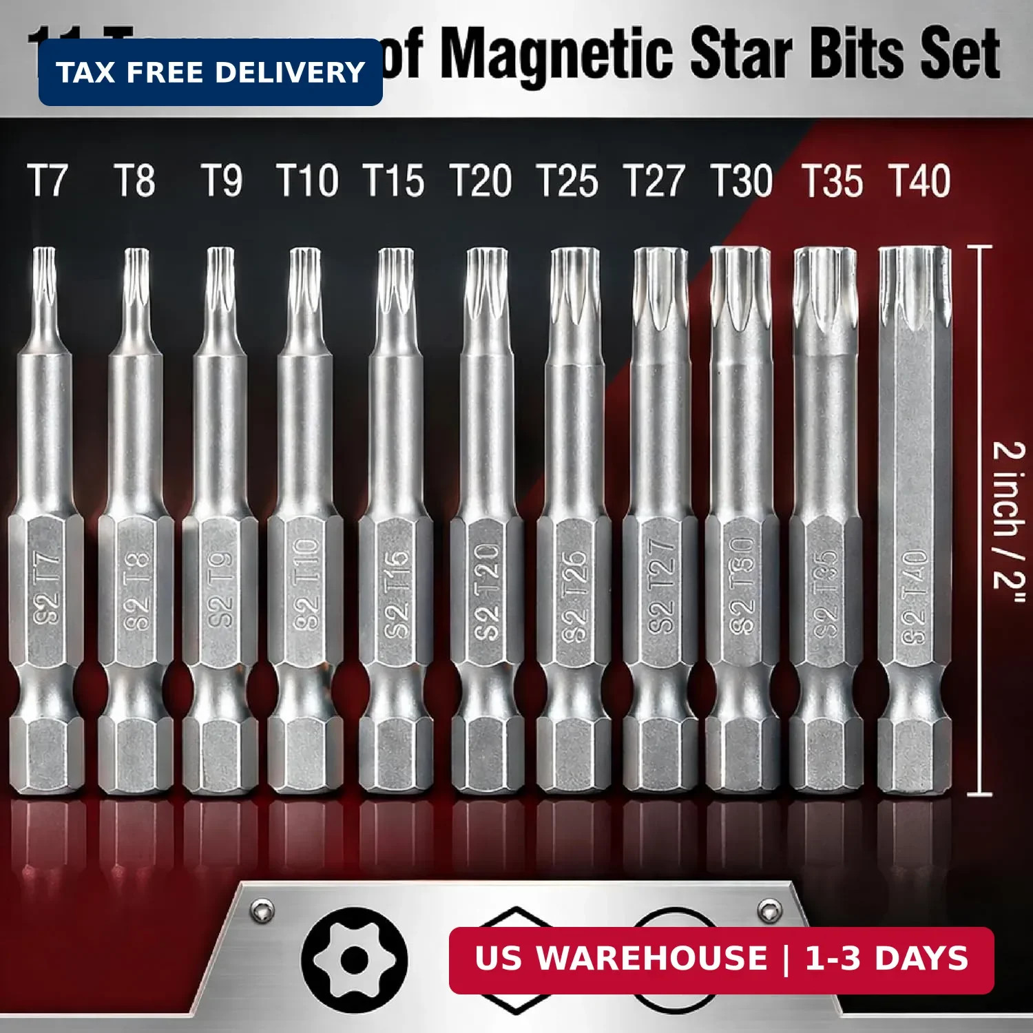 Bates- Security Torx Bit Set, 11 pcs, 2 Inch Long, 1/4″ Drive Hex Shank, T7-T40,