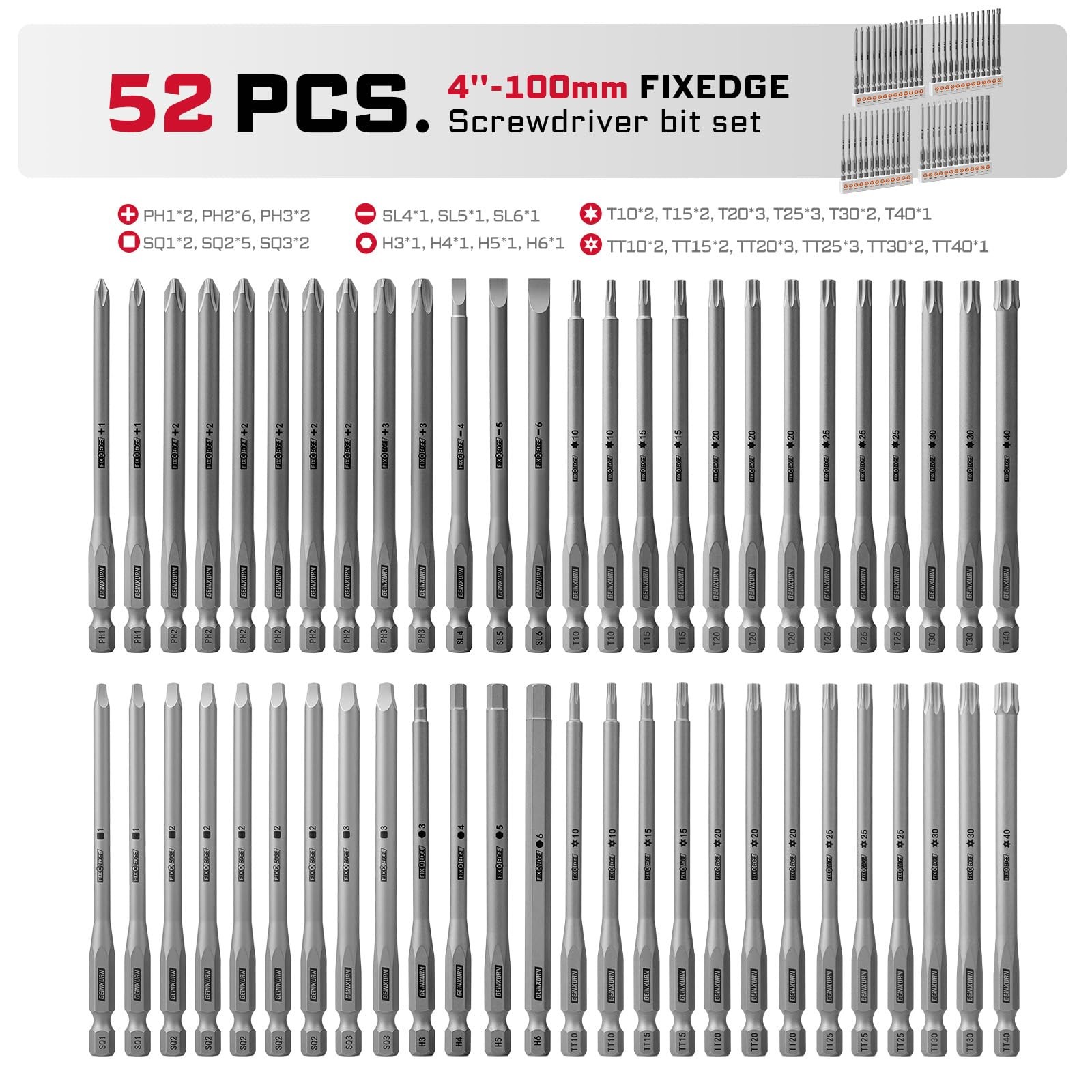 52Pieces Fixedge Screwdriver bit set, 4 inches Magnetic Alloy Steel Phillips/…