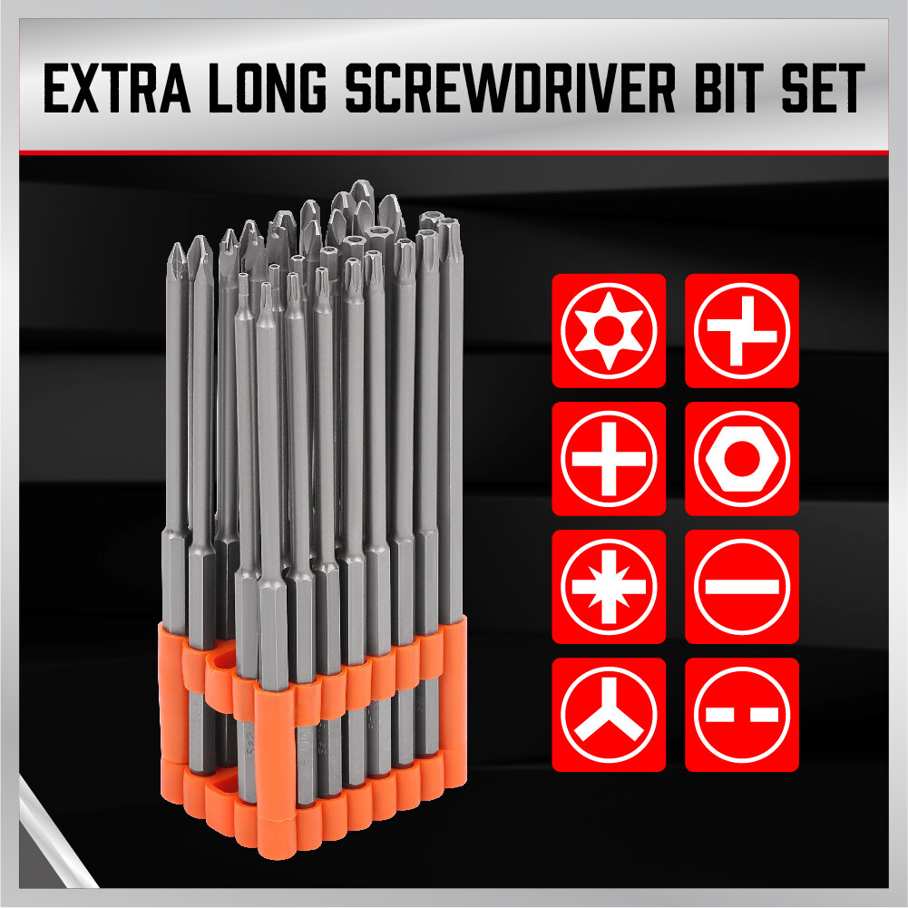 32pc Extra Long Security Bit Set Tamper Proof Torx Star Tri Wing Pozi w Holder