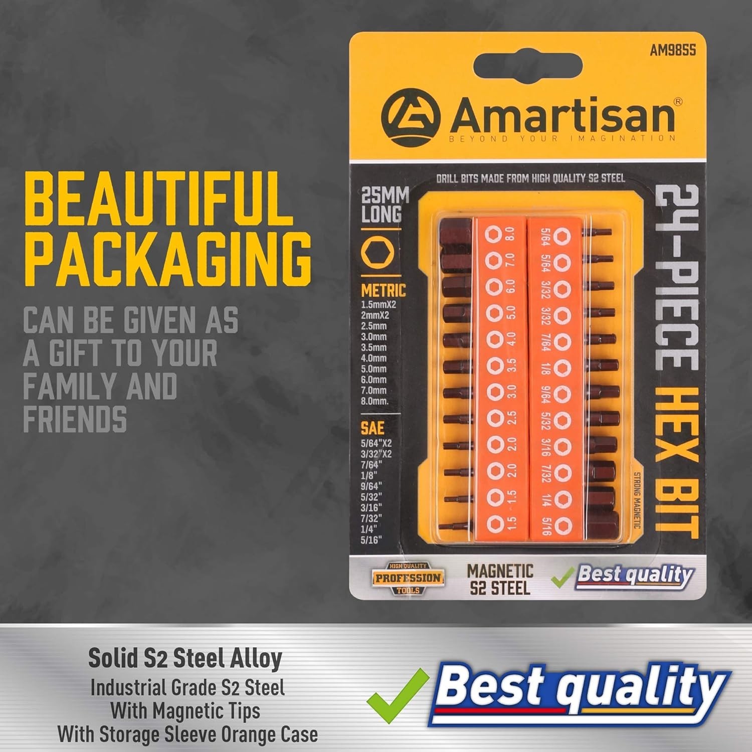 24-Piece Hex Head Allen Wrench Drill Bit Set, Metric and SAE S2 Steel Hex Bits