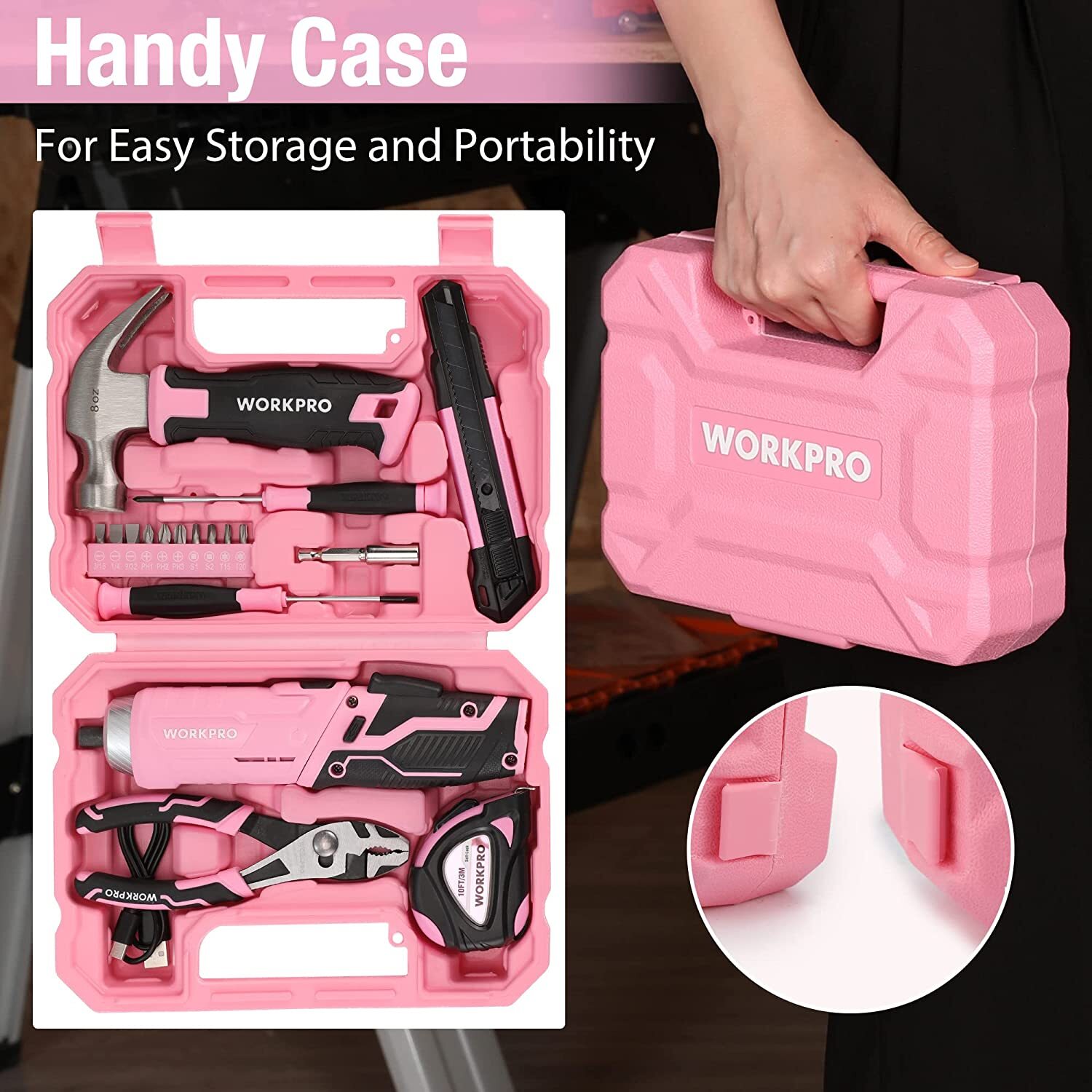 WORKPRO Cordless Screwdriver 18PC Kit 7V Home Tool Household Pink Tool Set