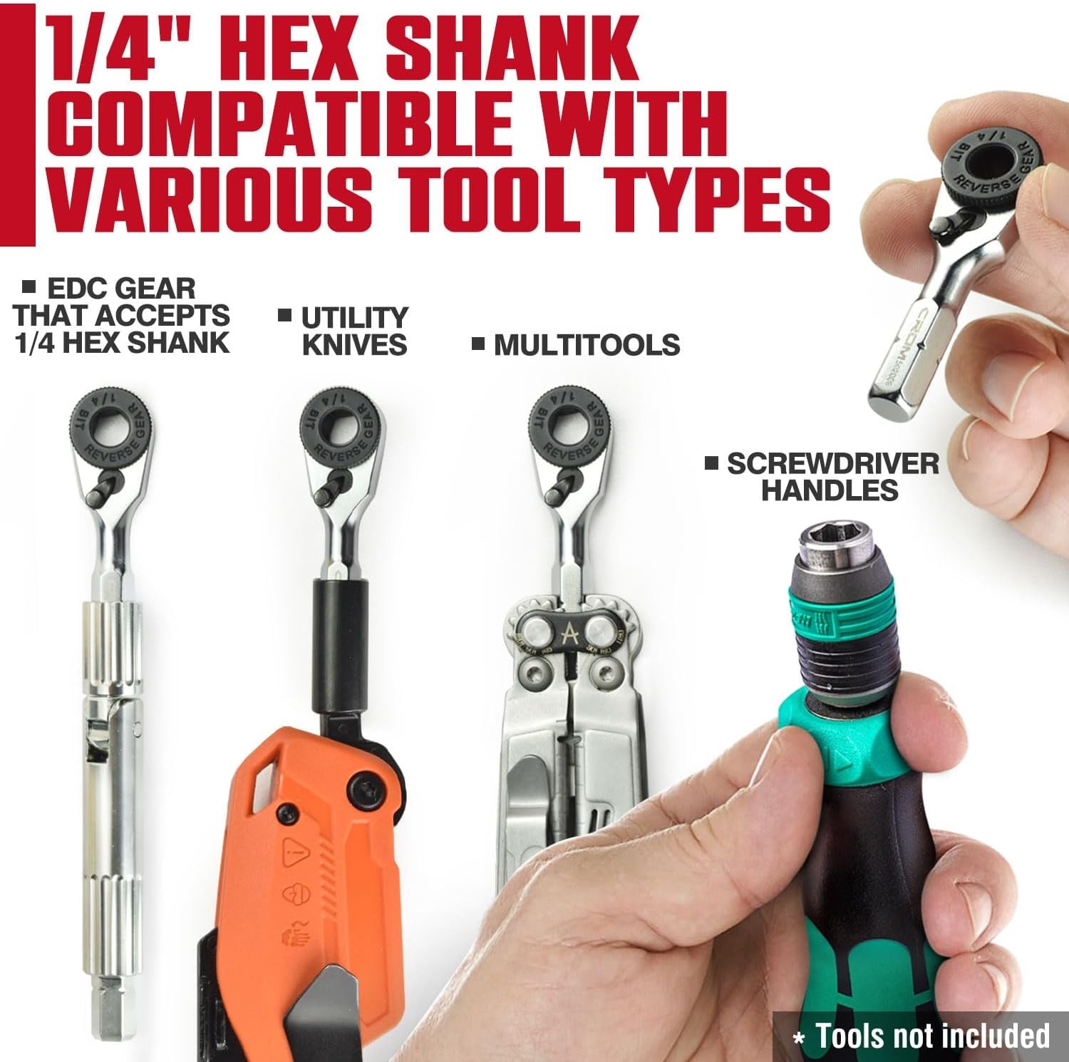 CROM EDC Mini Ratchet Wrench – 1/4-Inch Hex End Multitool Accessory with Bit H