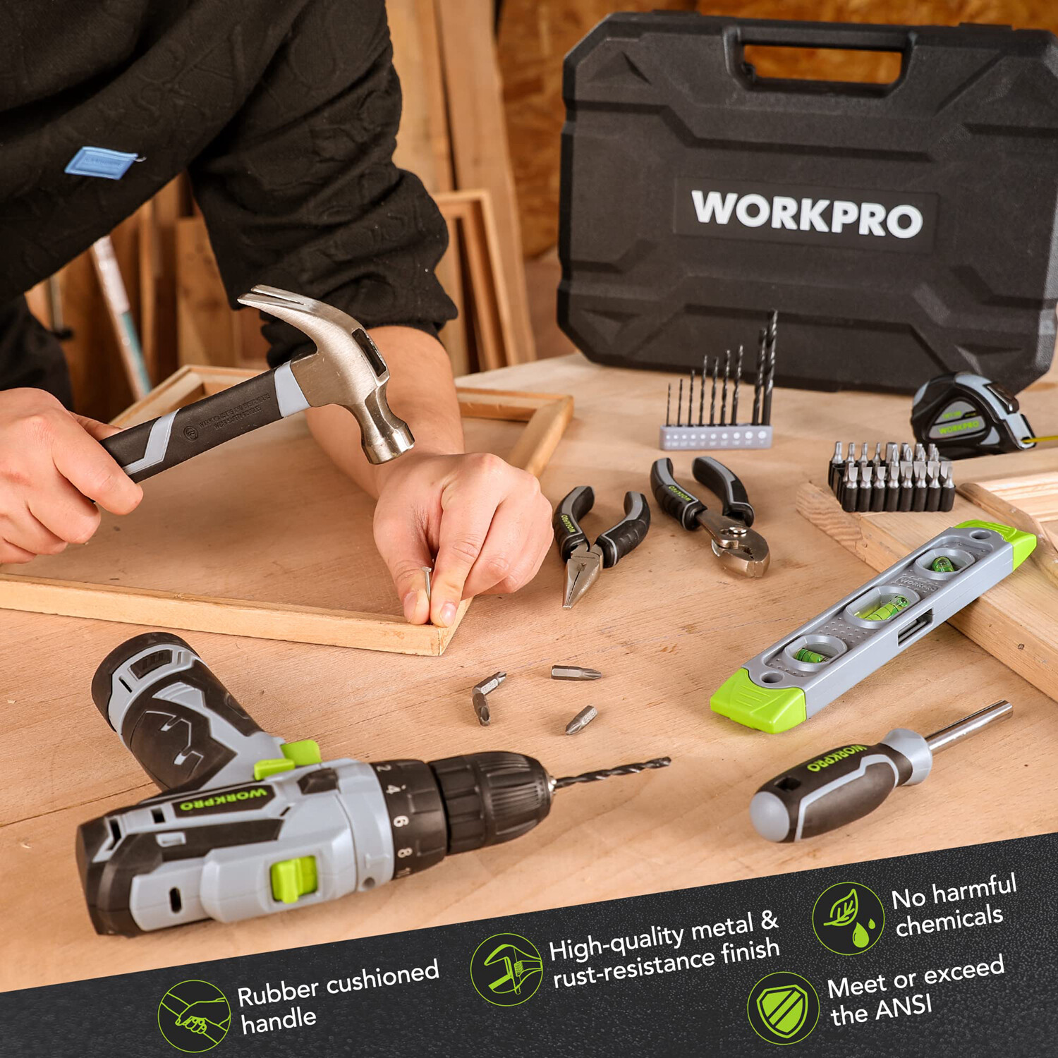 WORKPRO 108PCS Home Tool Kits 12V 1.5 Ah Battery Powered Screwdriver Power Drill