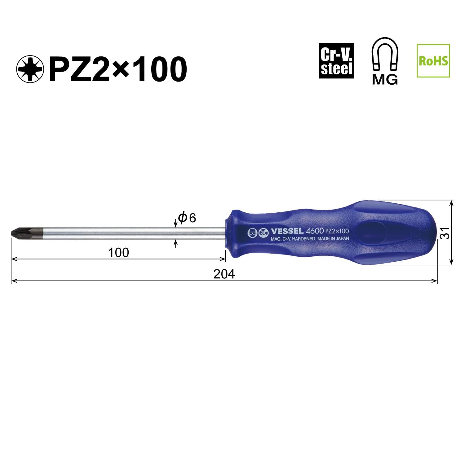 VESSEL 4600 Pozidriv Driver PZ2x100 Cushion Grip Screwdriver Japan PZ2 Tool