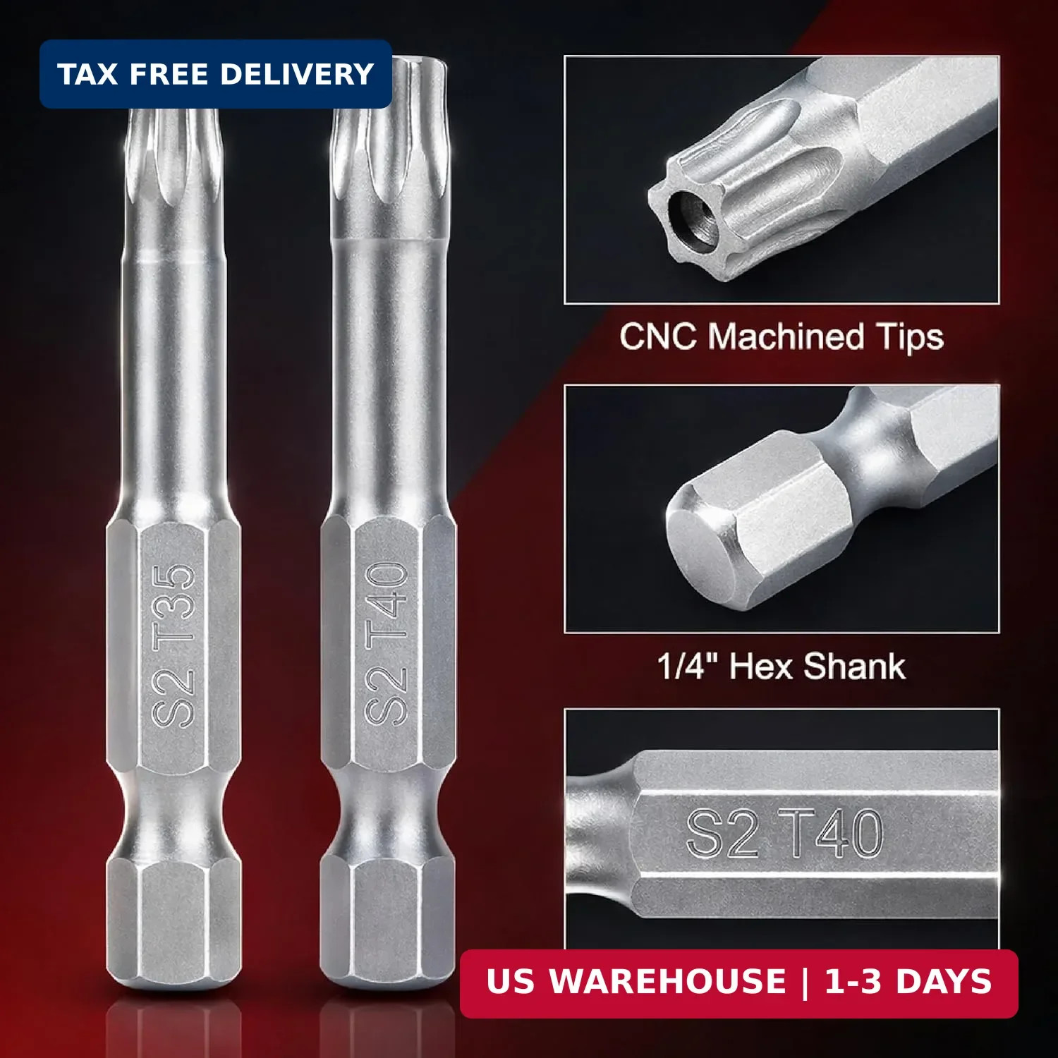 Bates- Security Torx Bit Set, 11 pcs, 2 Inch Long, 1/4″ Drive Hex Shank, T7-T40,
