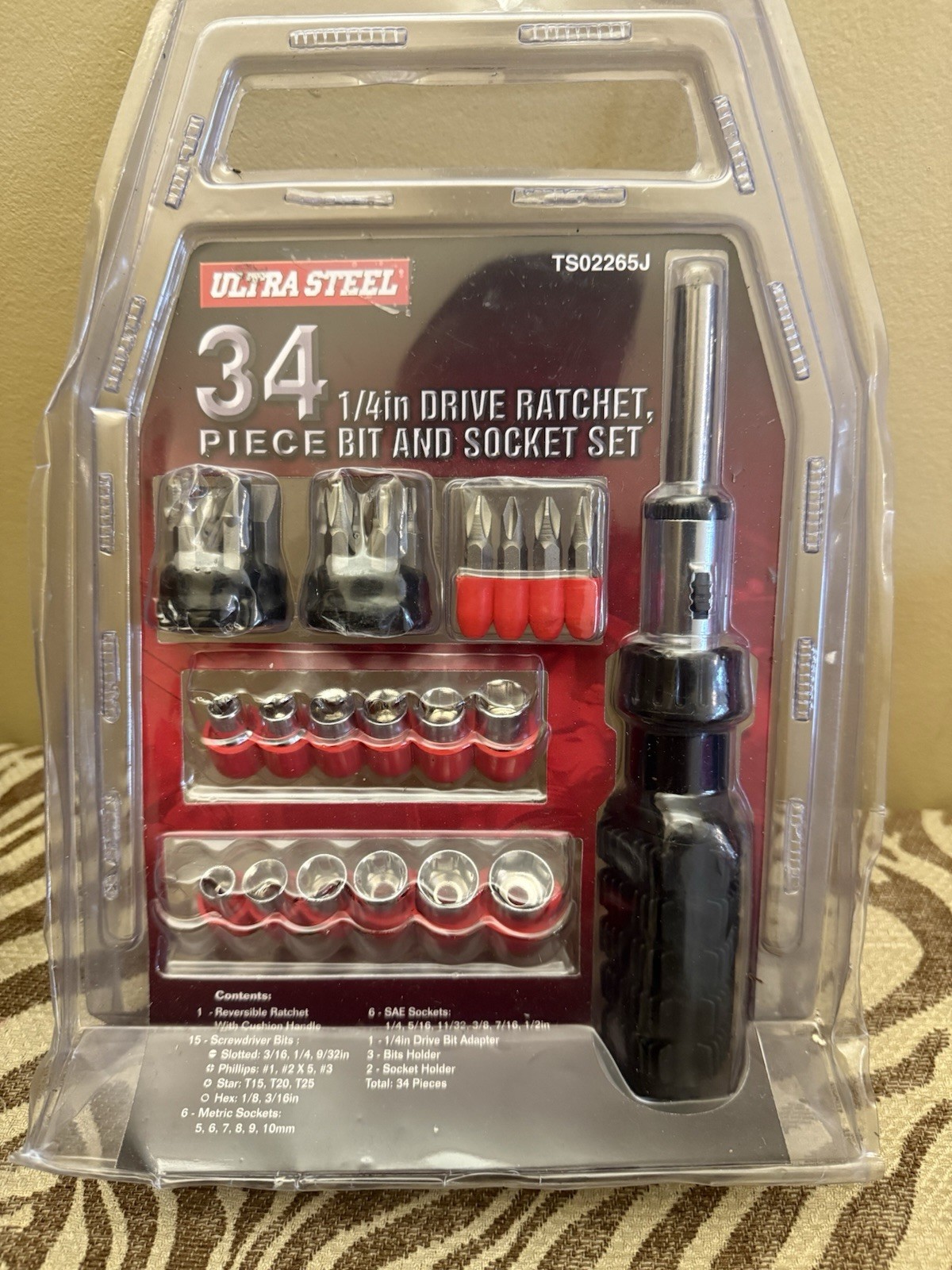ULTRA STEEL 34PC Reversible Ratchet Driver Wrench w/ S/D Bits & Socket Set