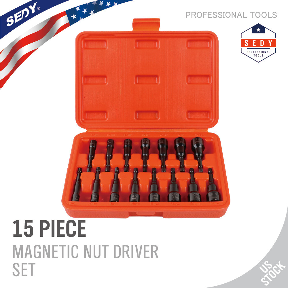 15pc Magnetic Nut Driver Set SAE & Metric Setter Power Drill Bit 1/4″ Hex Shank