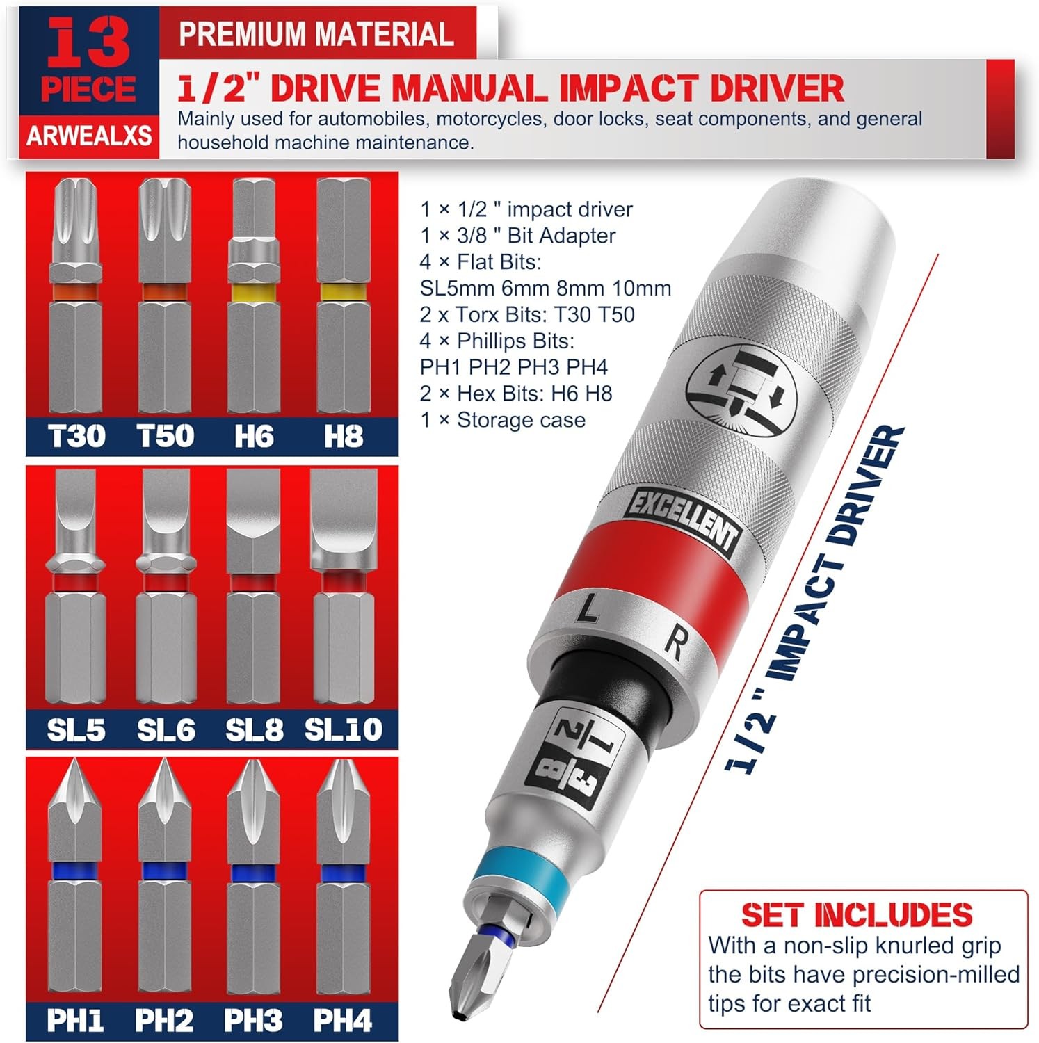 13Pcs 1/2″ Drive Manual Impact Driver Kit,Reversible Hand Impact Screwdriver Set