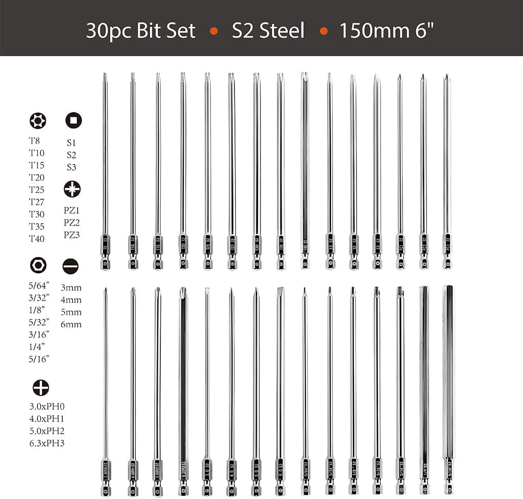30 Piece 6 Extra Long Security Bit Set Torx Hex Slotted Phillips Square Pozidriv