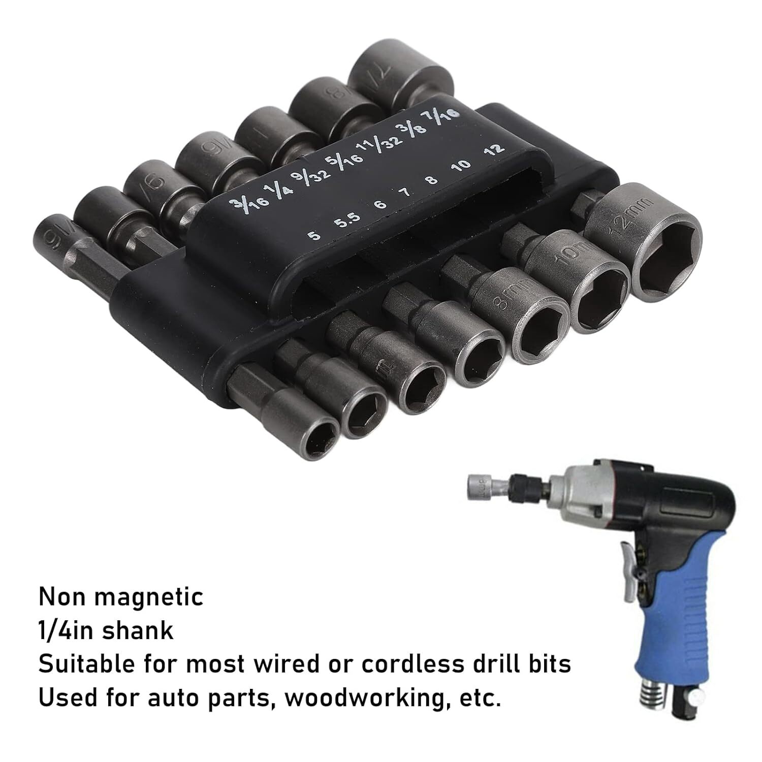 14pc POWER NUT Driver Bit Set Dual 1/4 Quick Change SAE & Metric MM Detent Shank