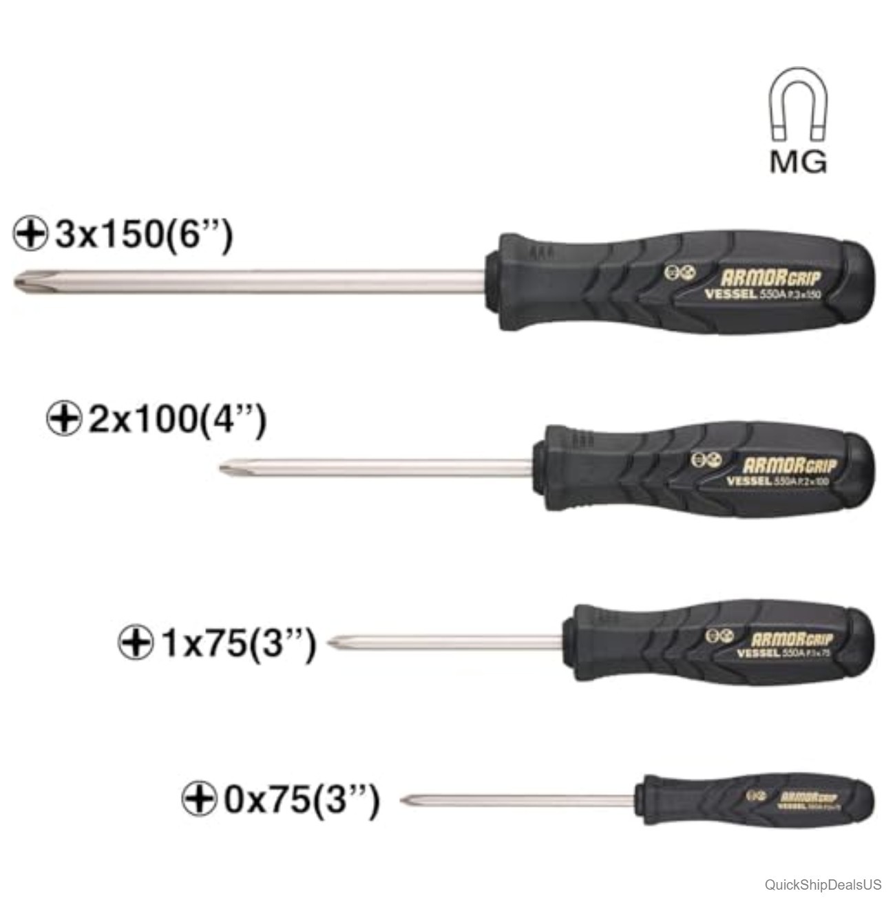 JIS Screwdriver Set 4 Piece Cross Point Tip Ergonomic Soft Grip Magnetic