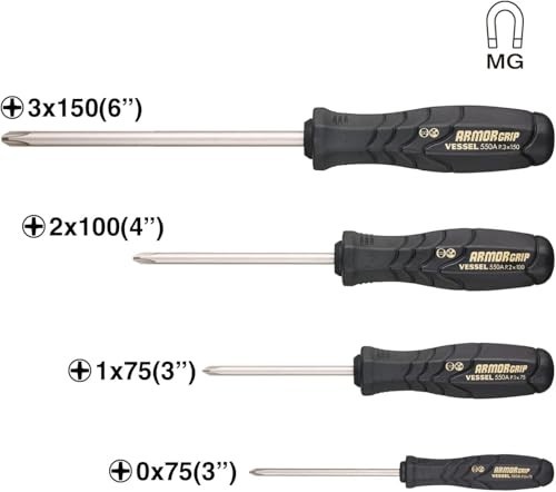 Screwdriver Set 4 Piece Cross Point JIS Ergonomic Magnetic Tip Soft Grip Cr-V