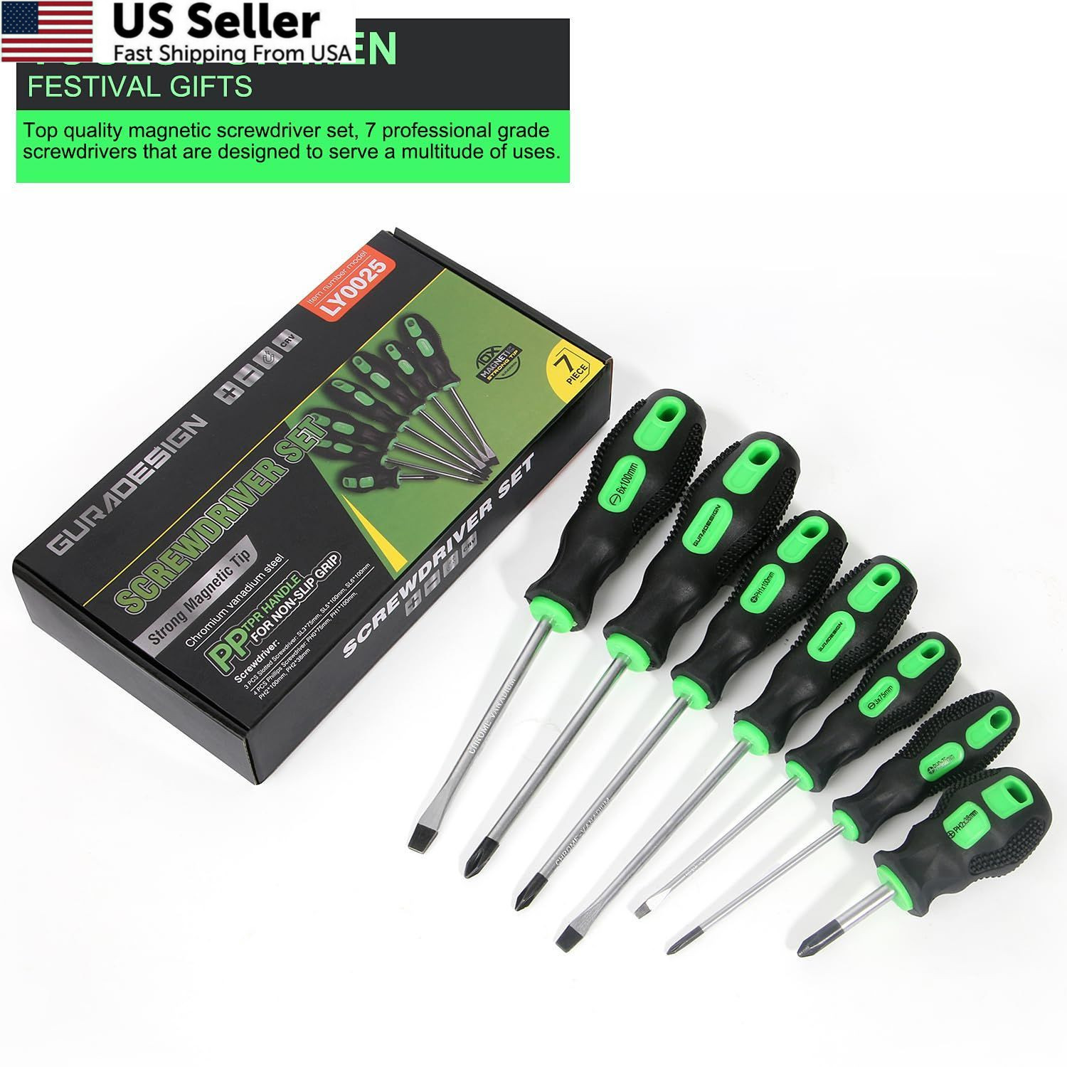 GURADESIGN 7-Piece Magnetic Screwdrivers Set, 4 ‎Phillips & Slotted, Green