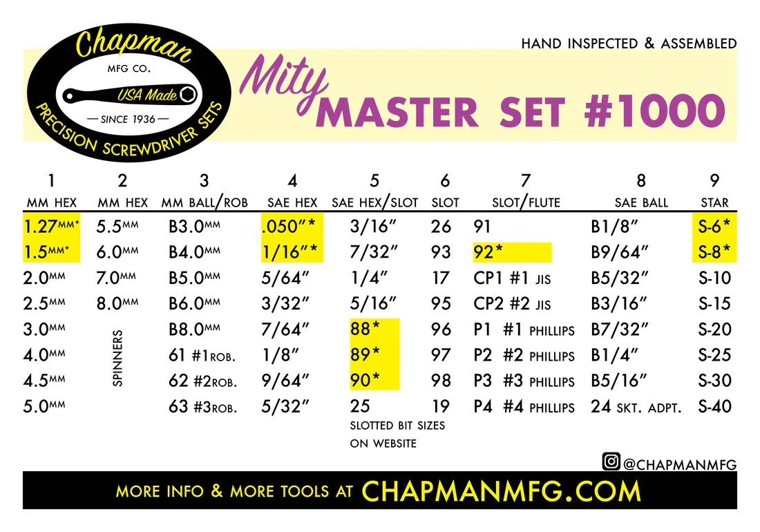 Chapman MFG #1000 Mity Master Screwdriver Bit Set USA MADE