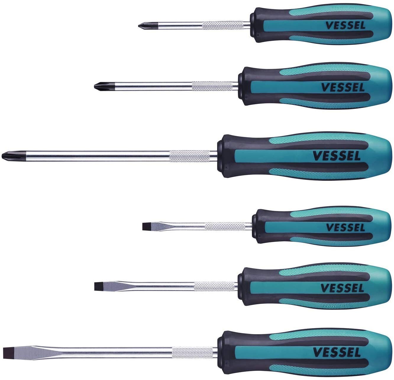 Vessel 6pc Non-Slip Screwdriver Set Phillips Slotted Flat Megadora Jawsfit JAPAN