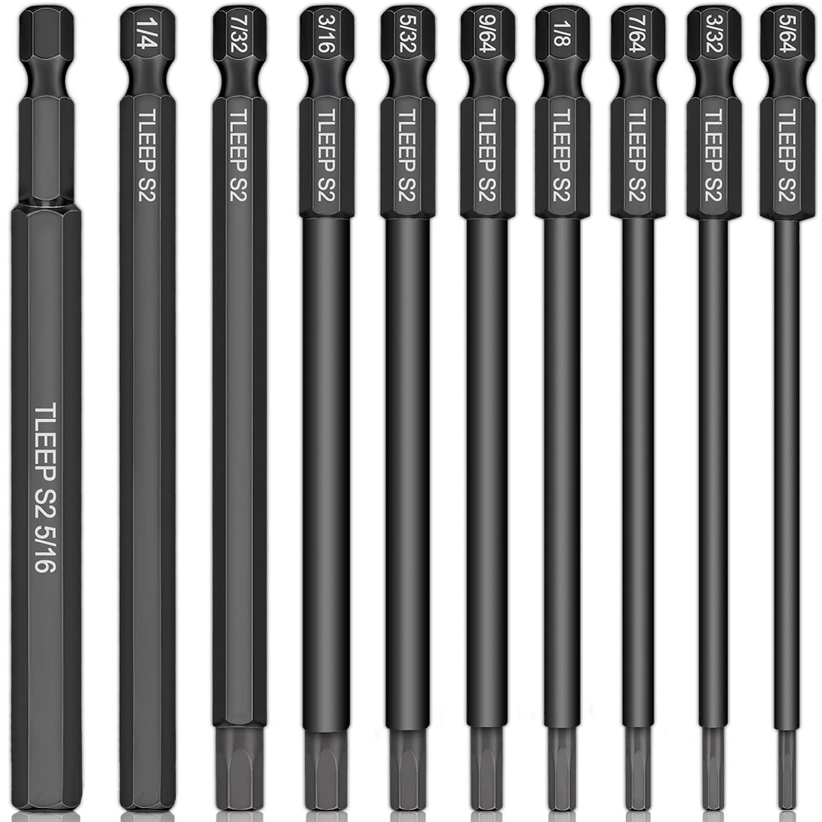 10 X Long 100mm 1/4 Inch Hex Head Allen Wrench Drill Bits 5/16 To 5/64 Sae Mag