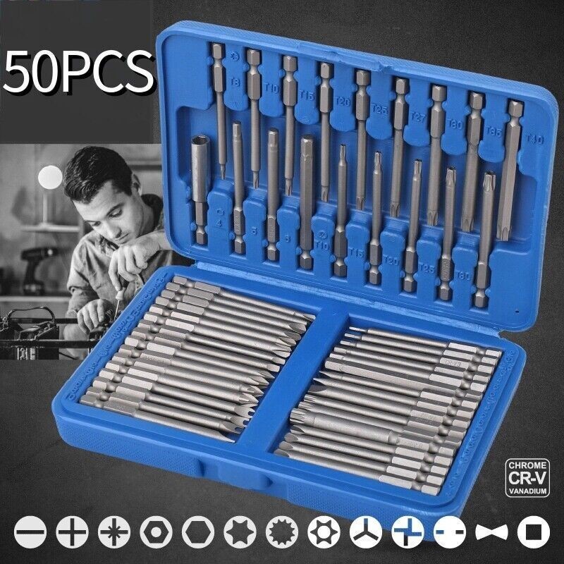 50PCS Extra Long Security Bits Hex Torx Star Spline Flat Screwdriver Bit Set New