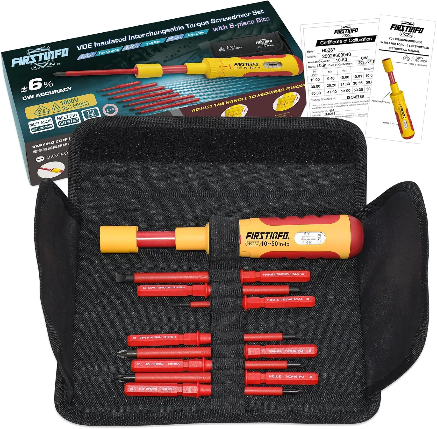 FIRSTINFO H5287 VDE Insulated Torque Screwdriver Set with 8 Bits, 10-50 In-Lbs
