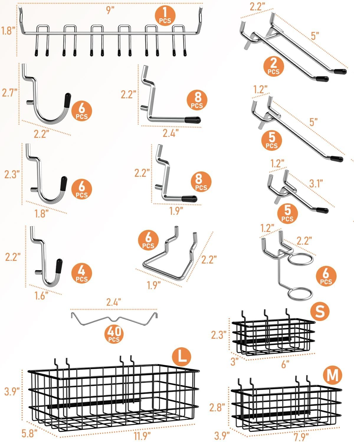 INCLY 1/4“ Extra Thick Pegboard Accessories Kit, 100PCS Heavy Duty Silver