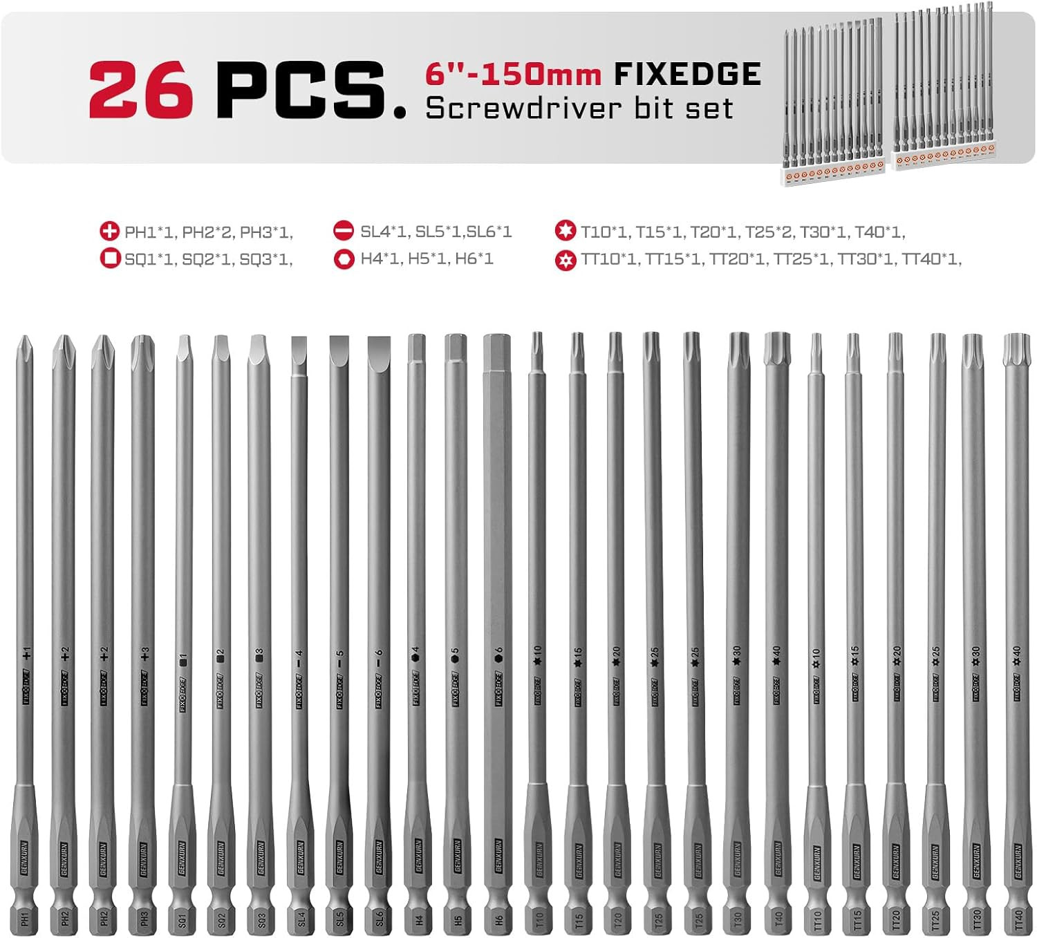 Geinxurn 26Pieces Fixedge Screwdriver Bit Set, 6 Inches Magnetic Alloy Steel Phi