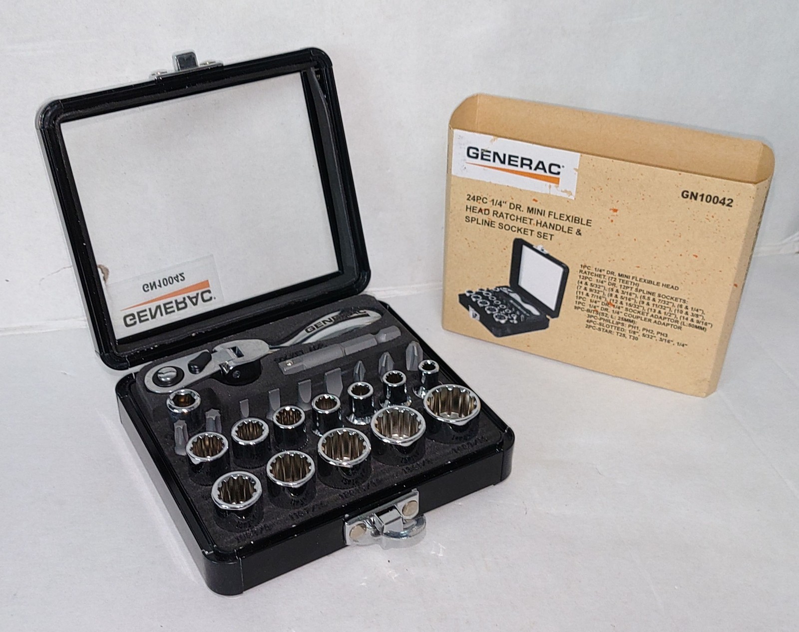 Generac 1/4″ Drive 24 Pc Mini Flexible Head Ratchet Handle & Spline Socket Set