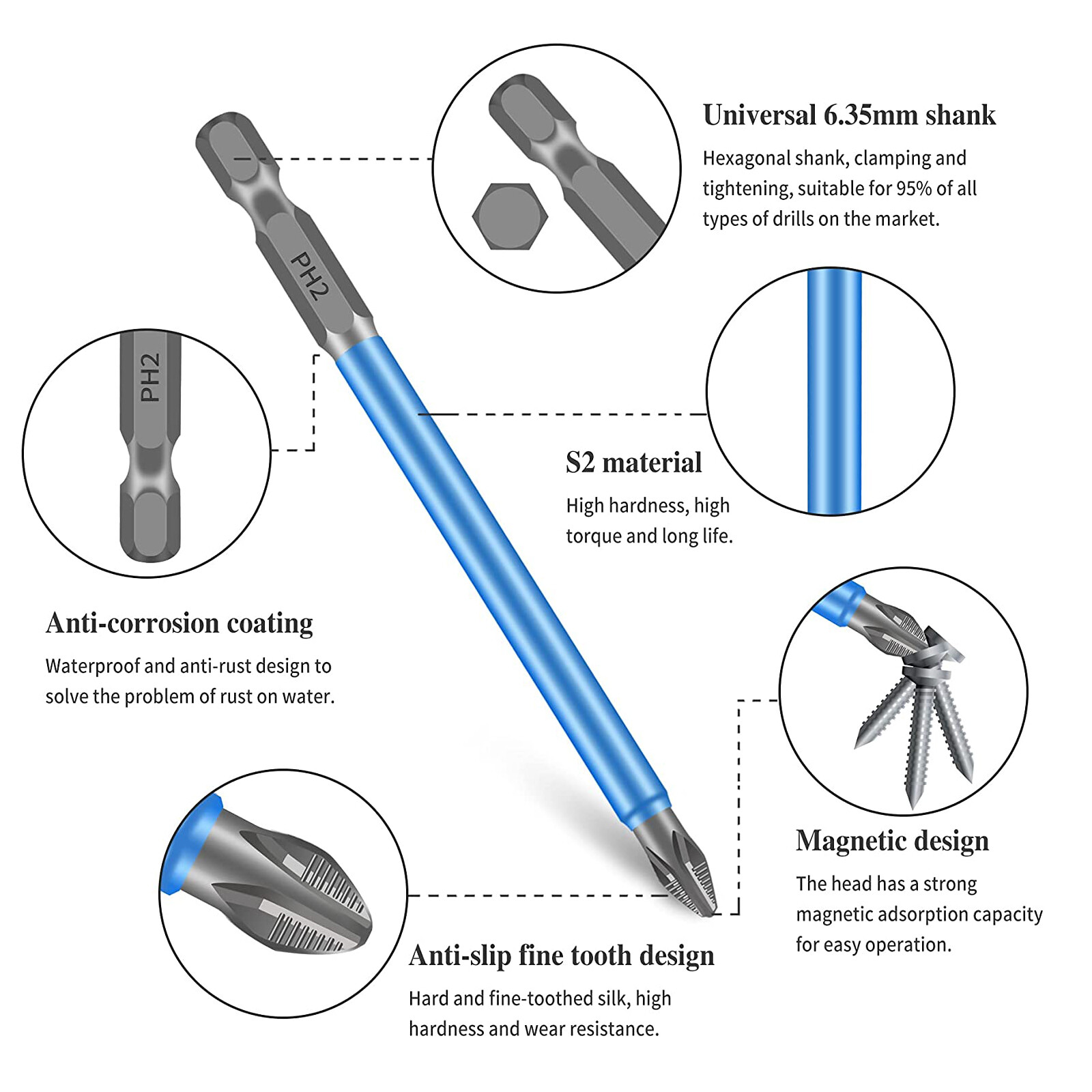 14/7 Magnetic screwdriver bit Bits set PH2 Anti-slip Hex Shank Screw Cross Head