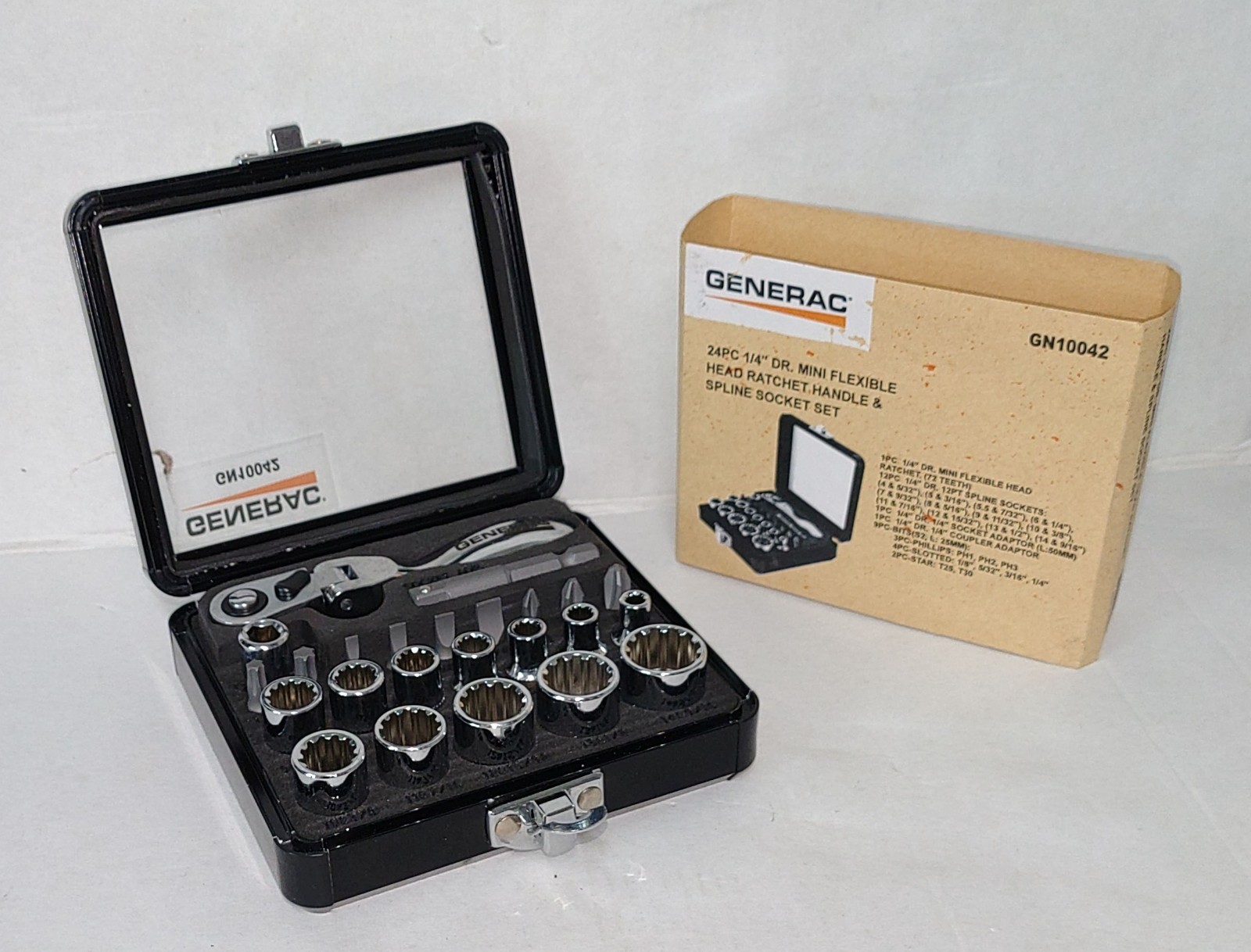 Generac 1/4″ Drive 24 Pc Mini Flexible Head Ratchet Handle & Spline Socket Set