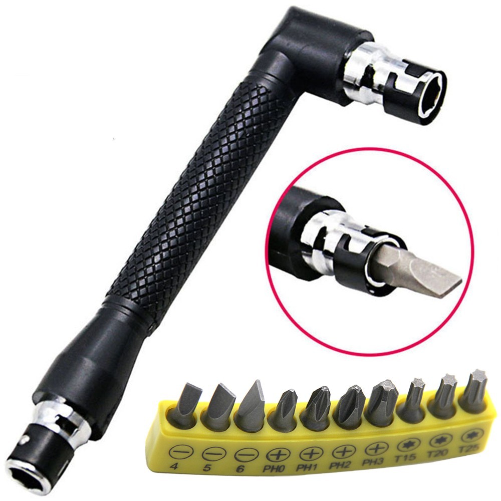 1pc L-Shaped 1/4 Hex Screwdriver + 10pcs Bit Set 90° Double Head – NEW