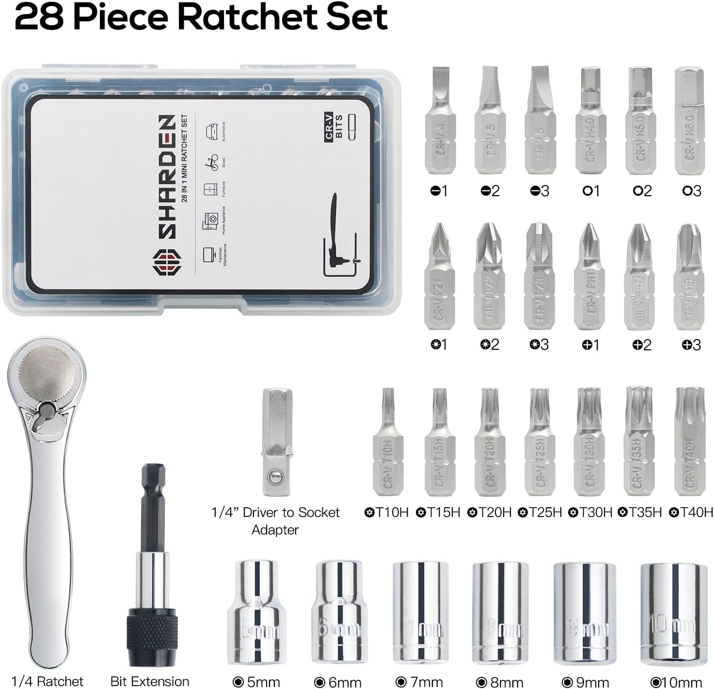 Mini Ratchet Set 28Pcs Right Angle Screwdriver and Bit with Metric Socket Set