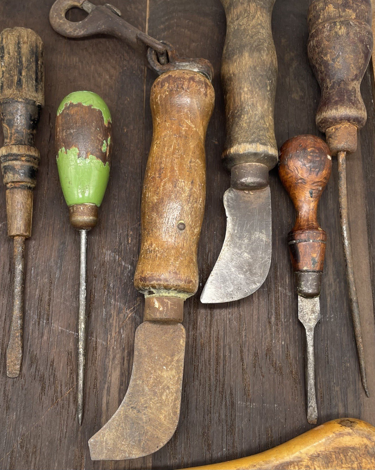 Antique Wood Handle Screwdrivers & Hand Tools In Primitive Wooden Box