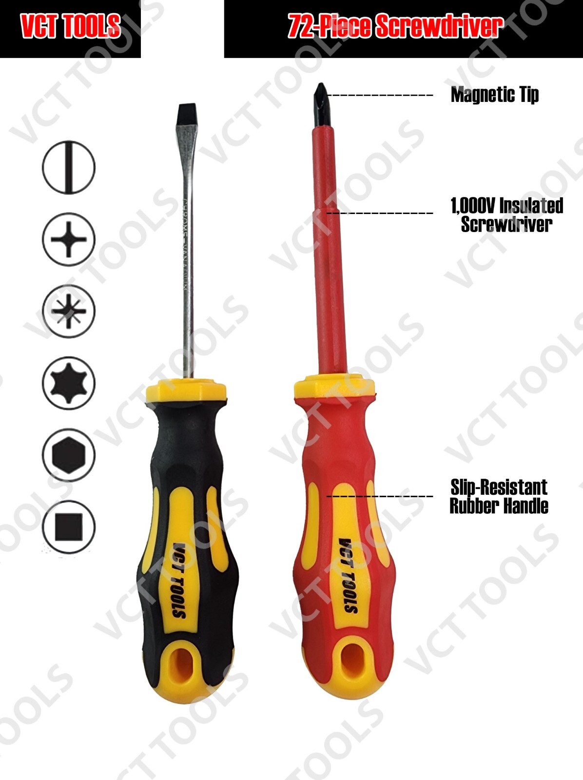VCT 72pc Magnetic Screwdrivers Set, Insulated Screwdrivers 1000V included