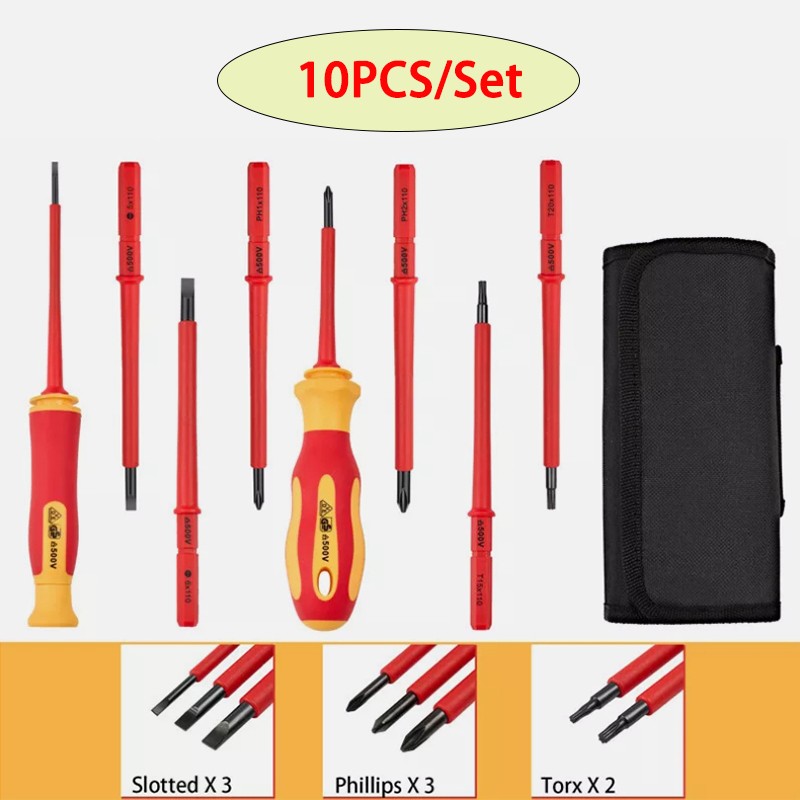 10-in-1 500V Insulated Precision Multi-Bit Screwdriver Set Electrician Slotted