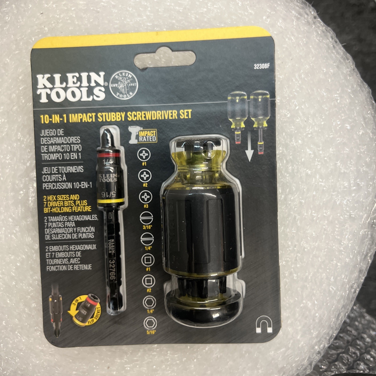 Klein Tools 32308F 10-in-1 Impact-Rated Stubby Driver Set with Flip Socket