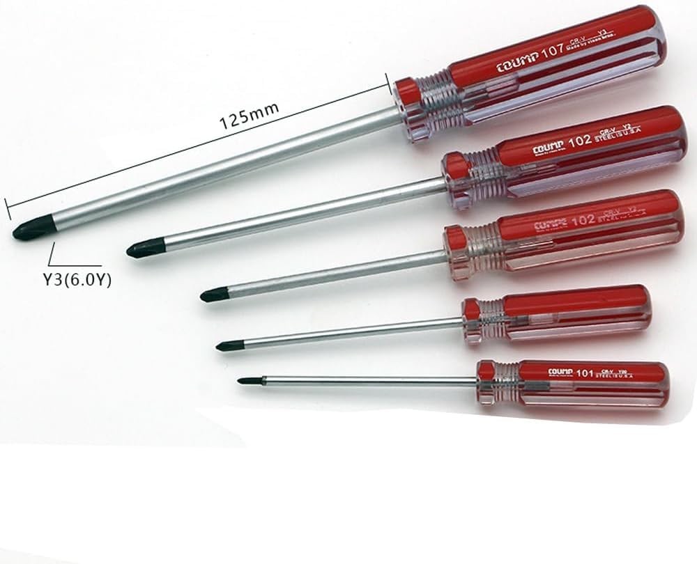 5 Piece Y Tip Screwdriver Set, Magnetic Tri Point Y2Y1Y0Y00Y000, Red, Silver
