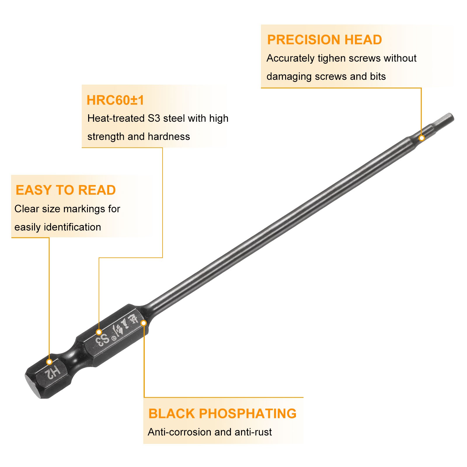 5pcs 2mm Metric Hex Head Wrench Drill Bit 100mm Length Magnetic Bits Black